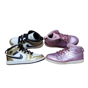 2pc Nike Air Jordan 1 Mid SE Metallic Gold Black & Pink / Metallic